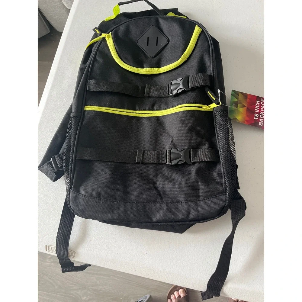 AD Sutton and Sons 18 Inch Backpack Black Neon Yellow Buckle Straps New